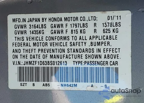 2011 Honda Cr-Z Ex from USA, damaged, VIN JHMZF1D63BS012613